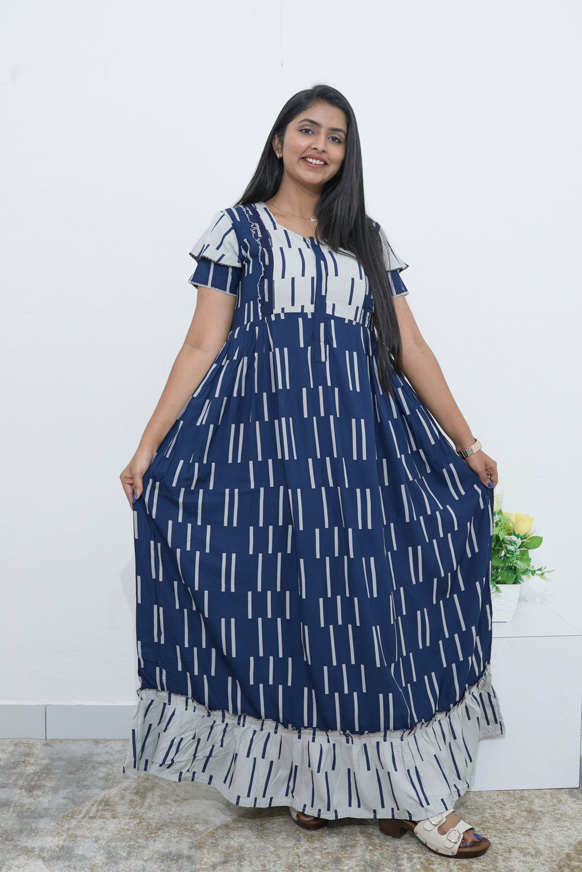 MANGAI Rayon Frock Nighties | Front Open Lengthy Zipper Comforts Feeding | Fancy Double Layered Sleeve's | Post & Pre Pregnancy's and Casual Wear | Side Pocket |Versatile Rayon Frock Night Gown's for Stylish Women's (RPW)