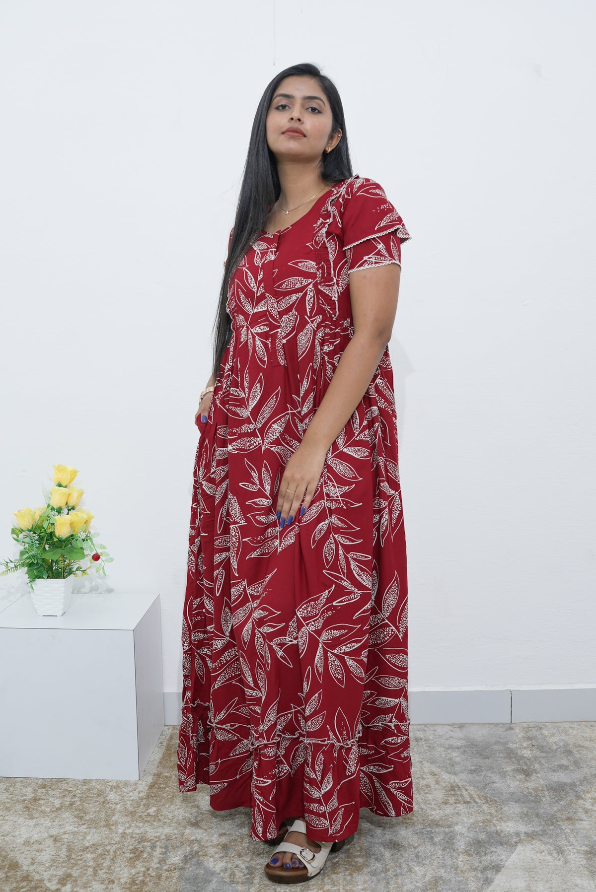 MANGAI Rayon Frock Nighties | Front Open Lengthy Zipper Comforts Feeding | Fancy Double Layered Sleeve's | Post & Pre Pregnancy's and Casual Wear | Side Pocket |Versatile Rayon Frock Night Gown's for Stylish Women's (RPW)