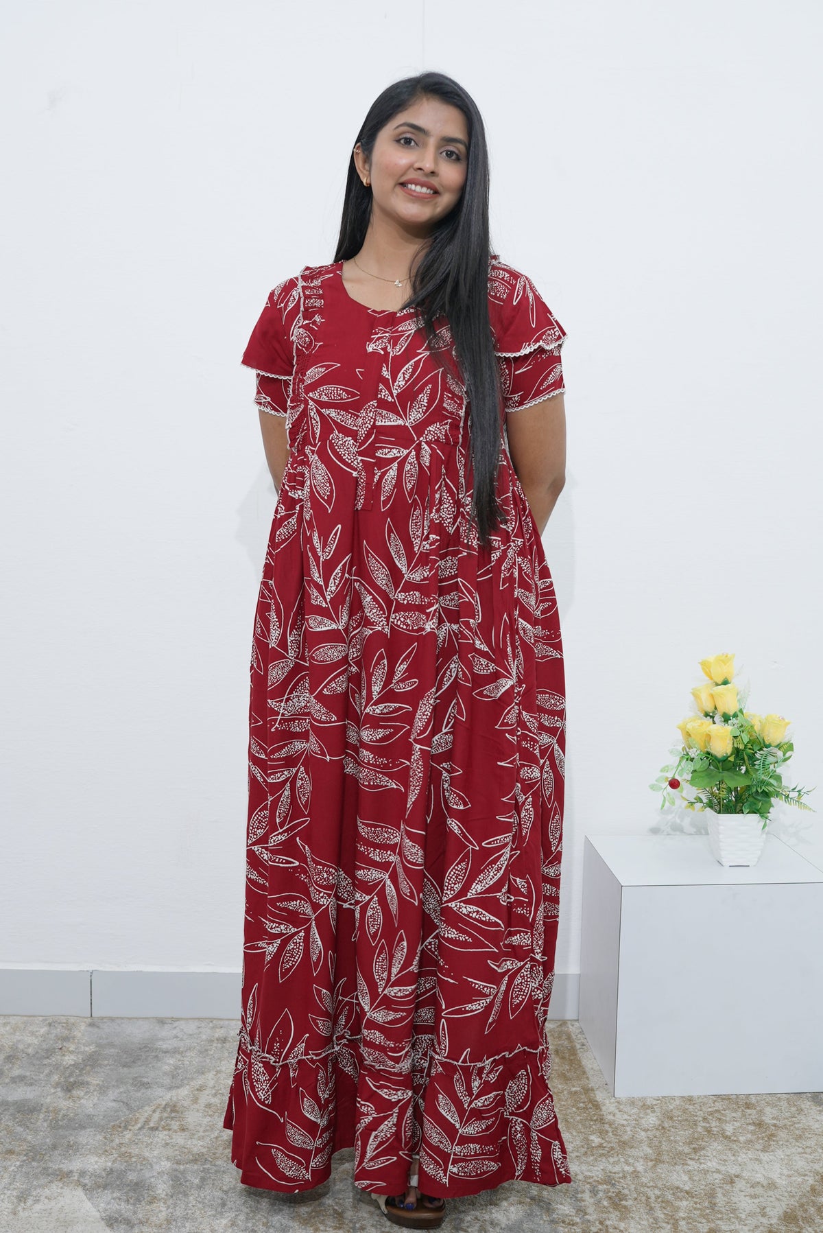 MANGAI Rayon Frock Nighties | Front Open Lengthy Zipper Comforts Feeding | Fancy Double Layered Sleeve's | Post & Pre Pregnancy's and Casual Wear | Side Pocket |Versatile Rayon Frock Night Gown's for Stylish Women's (RPW)