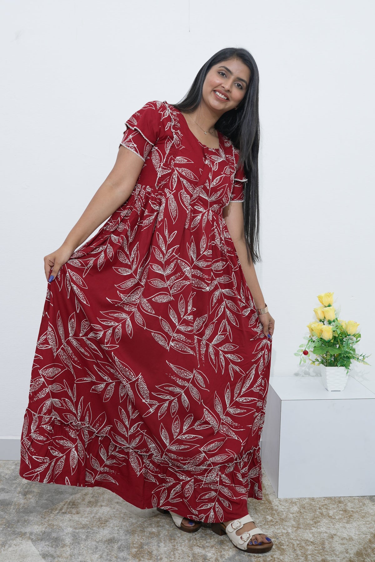 MANGAI Rayon Frock Nighties | Front Open Lengthy Zipper Comforts Feeding | Fancy Double Layered Sleeve's | Post & Pre Pregnancy's and Casual Wear | Side Pocket |Versatile Rayon Frock Night Gown's for Stylish Women's (RPW)