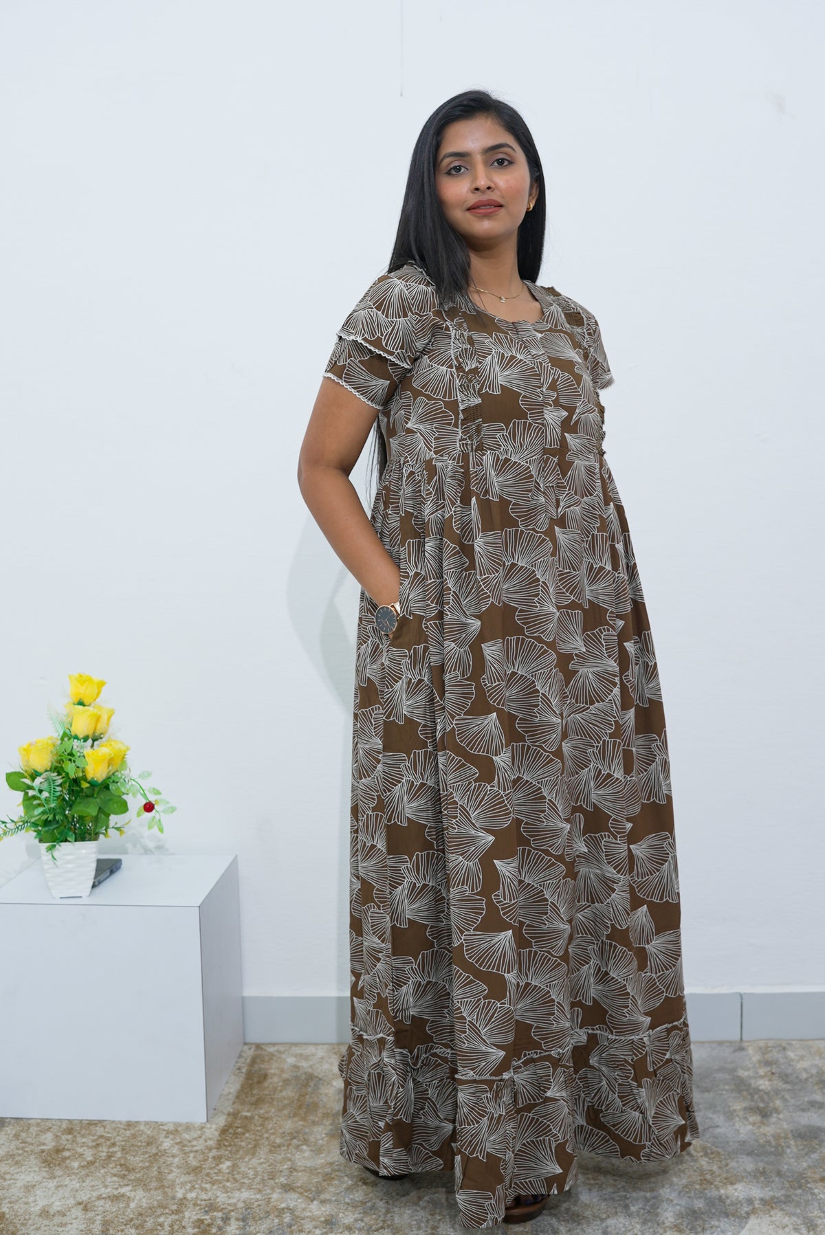 MANGAI Rayon Frock Nighties | Front Open Lengthy Zipper Comforts Feeding | Fancy Double Layered Sleeve's | Post & Pre Pregnancy's and Casual Wear | Side Pocket |Versatile Rayon Frock Night Gown's for Stylish Women's (RPW)