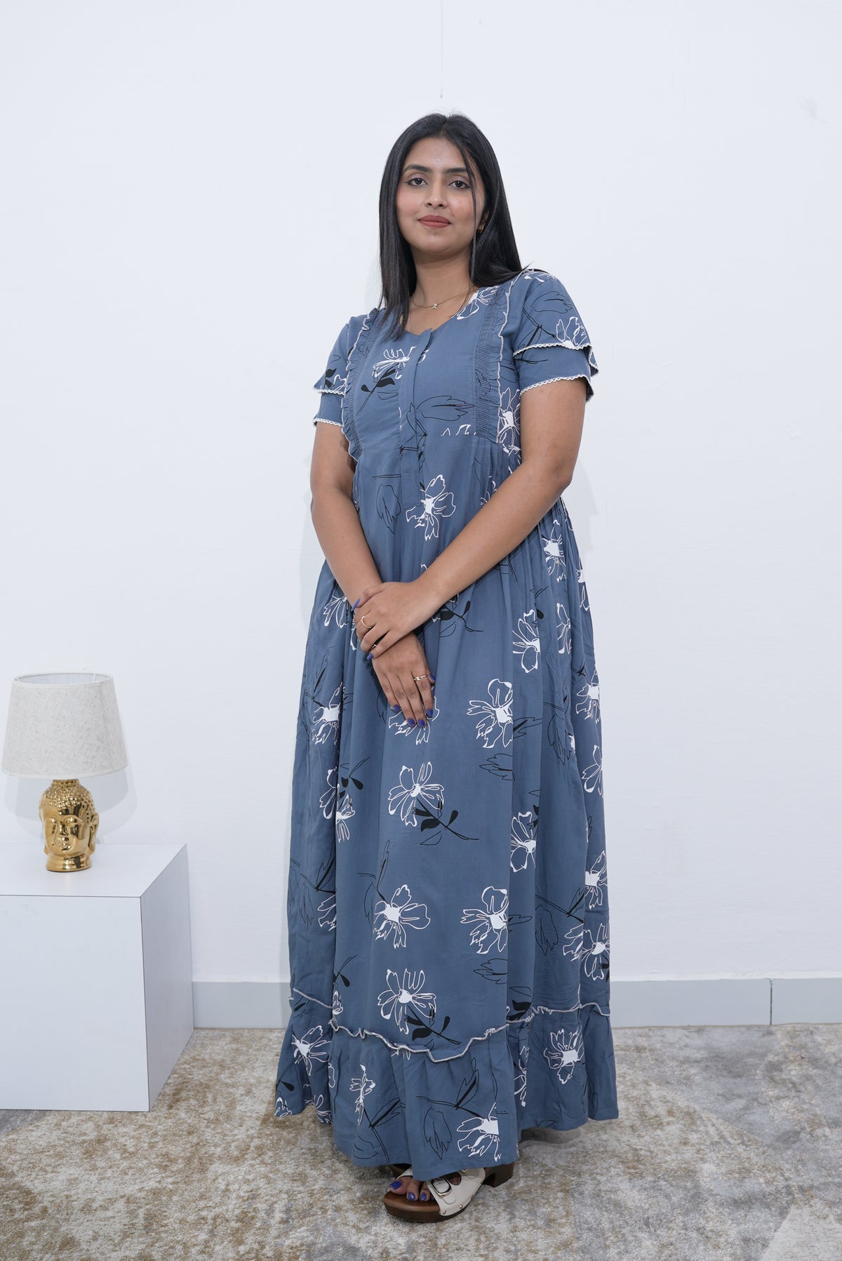 MANGAI Rayon Frock Nighties | Front Open Lengthy Zipper Comforts Feeding | Fancy Double Layered Sleeve's | Post & Pre Pregnancy's and Casual Wear | Side Pocket |Versatile Rayon Frock Night Gown's for Stylish Women's (RPW)