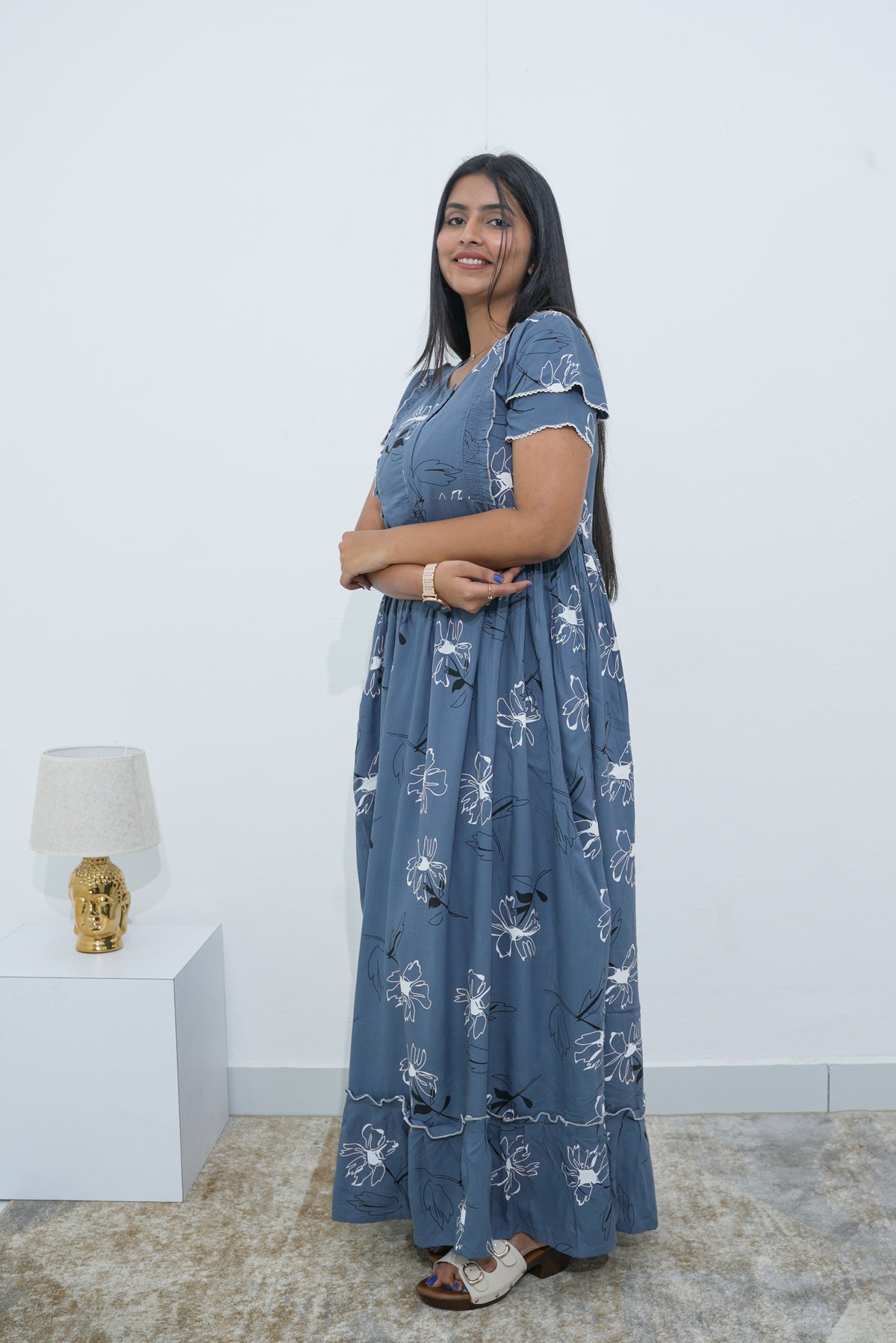 MANGAI Rayon Frock Nighties | Front Open Lengthy Zipper Comforts Feeding | Fancy Double Layered Sleeve's | Post & Pre Pregnancy's and Casual Wear | Side Pocket |Versatile Rayon Frock Night Gown's for Stylish Women's (RPW)