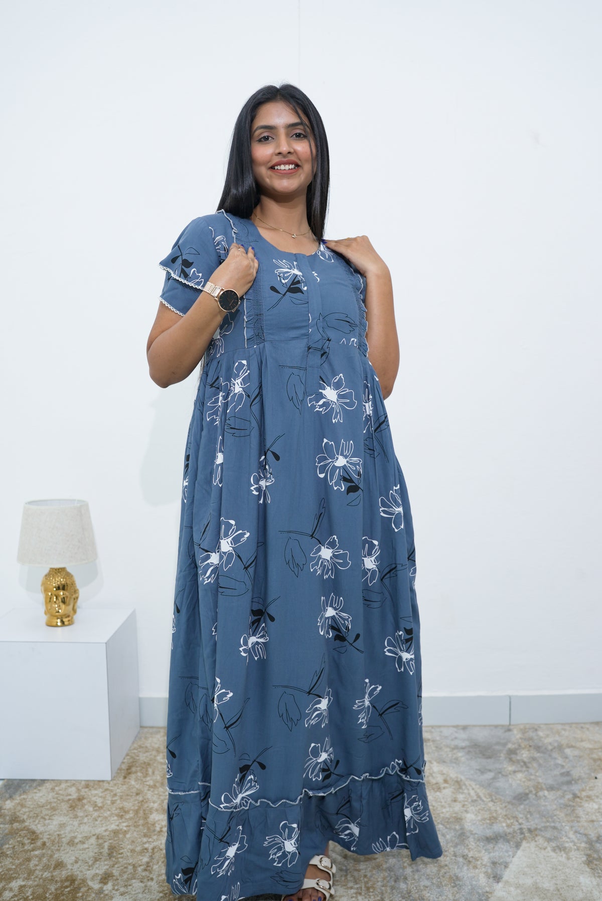 MANGAI Rayon Frock Nighties | Front Open Lengthy Zipper Comforts Feeding | Fancy Double Layered Sleeve's | Post & Pre Pregnancy's and Casual Wear | Side Pocket |Versatile Rayon Frock Night Gown's for Stylish Women's (RPW)