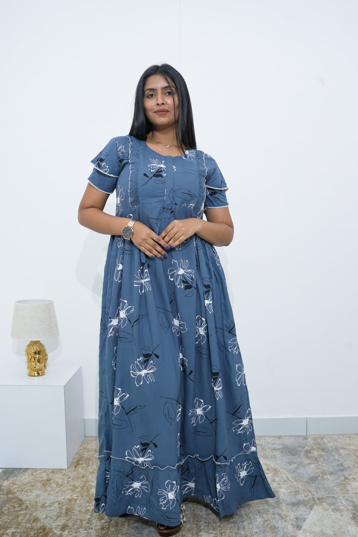 MANGAI Rayon Frock Nighties | Front Open Lengthy Zipper Comforts Feeding | Fancy Double Layered Sleeve's | Post & Pre Pregnancy's and Casual Wear | Side Pocket |Versatile Rayon Frock Night Gown's for Stylish Women's (RPW)