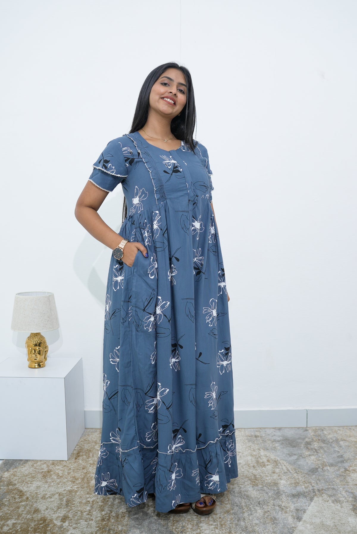 MANGAI Rayon Frock Nighties | Front Open Lengthy Zipper Comforts Feeding | Fancy Double Layered Sleeve's | Post & Pre Pregnancy's and Casual Wear | Side Pocket |Versatile Rayon Frock Night Gown's for Stylish Women's (RPW)