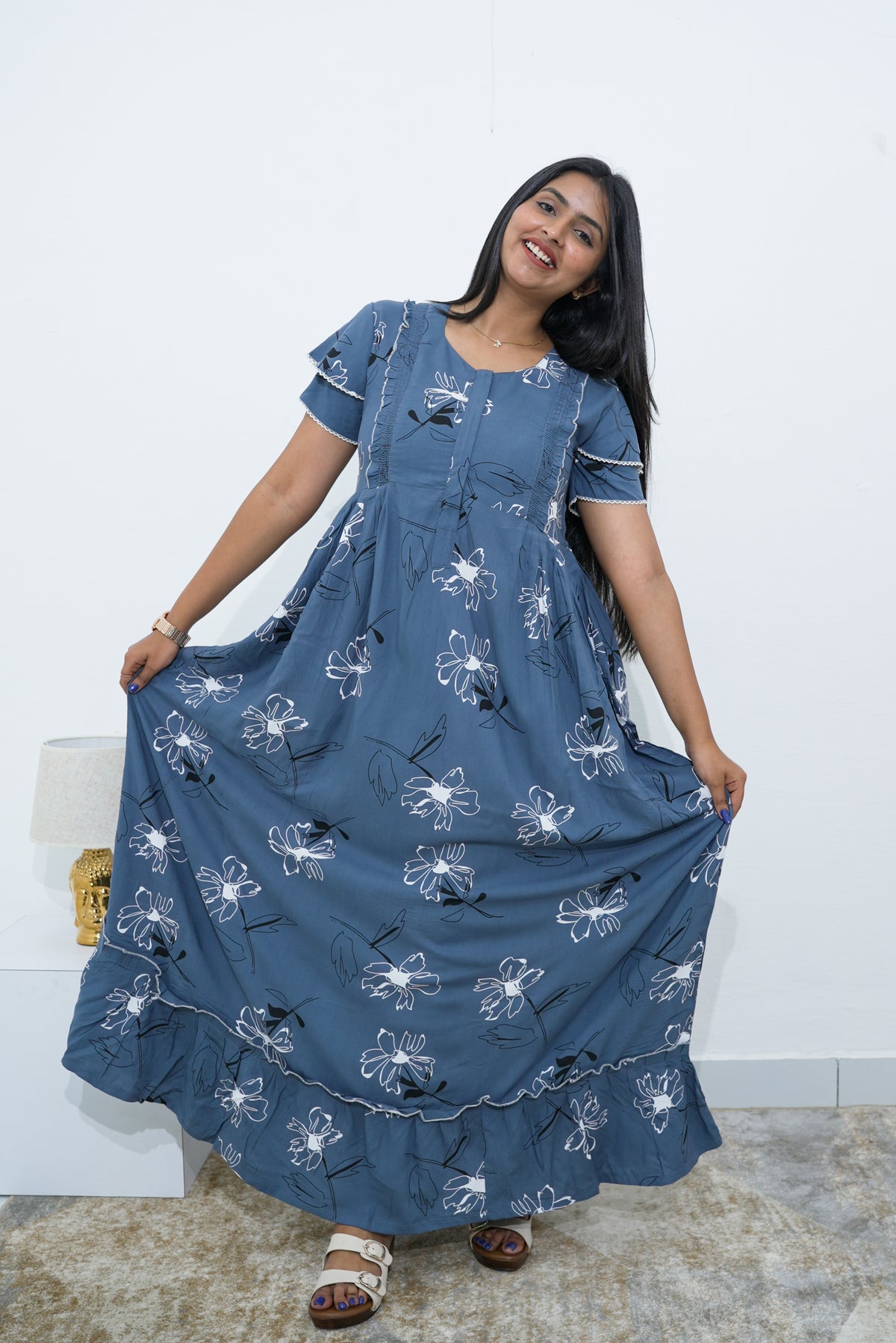 MANGAI Rayon Frock Nighties | Front Open Lengthy Zipper Comforts Feeding | Fancy Double Layered Sleeve's | Post & Pre Pregnancy's and Casual Wear | Side Pocket |Versatile Rayon Frock Night Gown's for Stylish Women's (RPW)