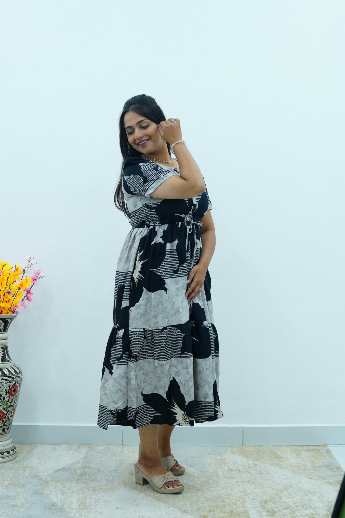 Mustard & Slate Grey Bold Botanical Rayon Foil Maxi Frock – Designer Puff Sleeve Tiered Dress with Adjustable Waist & Pockets