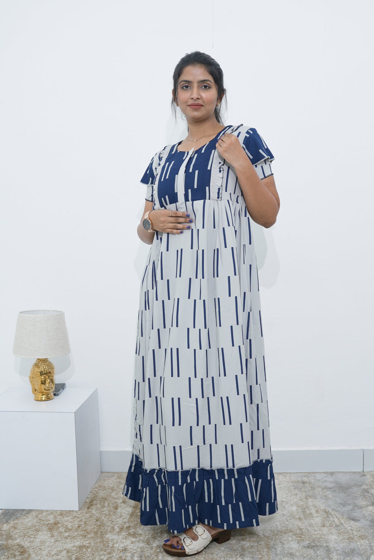 MANGAI Rayon Frock Nighties | Front Open Lengthy Zipper Comforts Feeding | Fancy Double Layered Sleeve's | Post & Pre Pregnancy's and Casual Wear | Side Pocket |Versatile Rayon Frock Night Gown's for Stylish Women's (RPW)