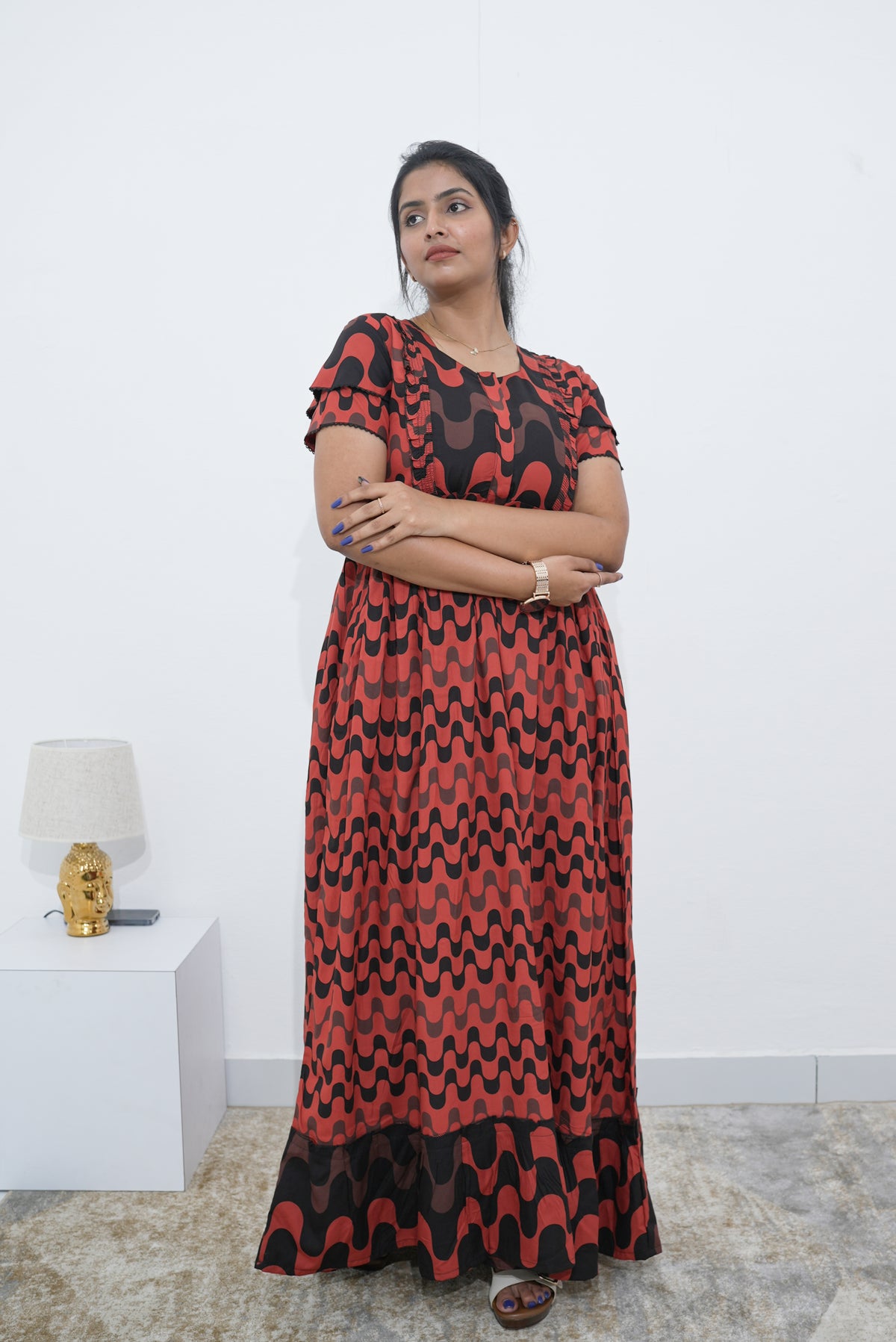 MANGAI Rayon Frock Nighties | Front Open Lengthy Zipper Comforts Feeding | Fancy Double Layered Sleeve's | Post & Pre Pregnancy's and Casual Wear | Side Pocket |Versatile Rayon Frock Night Gown's for Stylish Women's (RPW)