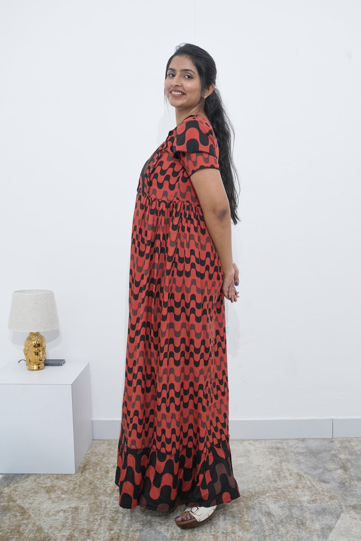 MANGAI Rayon Frock Nighties | Front Open Lengthy Zipper Comforts Feeding | Fancy Double Layered Sleeve's | Post & Pre Pregnancy's and Casual Wear | Side Pocket |Versatile Rayon Frock Night Gown's for Stylish Women's (RPW)