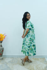 Floral Bliss Sage Green Rayon Foil Print Maxi Dress – Puff Sleeve A-Line Frock with Adjustable Waist Tie & Pockets - Breathable Fabric MAXI Frock