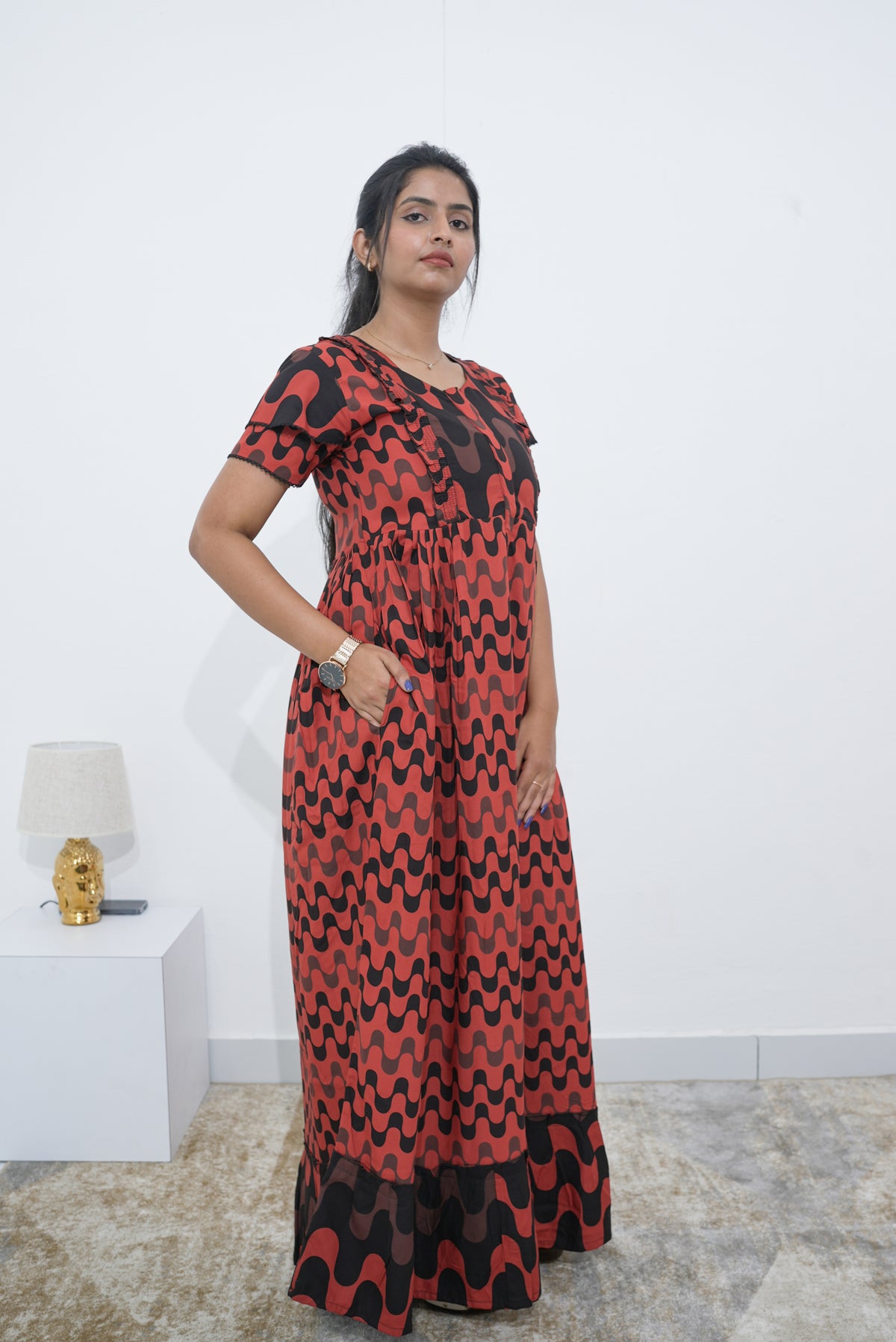 MANGAI Rayon Frock Nighties | Front Open Lengthy Zipper Comforts Feeding | Fancy Double Layered Sleeve's | Post & Pre Pregnancy's and Casual Wear | Side Pocket |Versatile Rayon Frock Night Gown's for Stylish Women's (RPW)