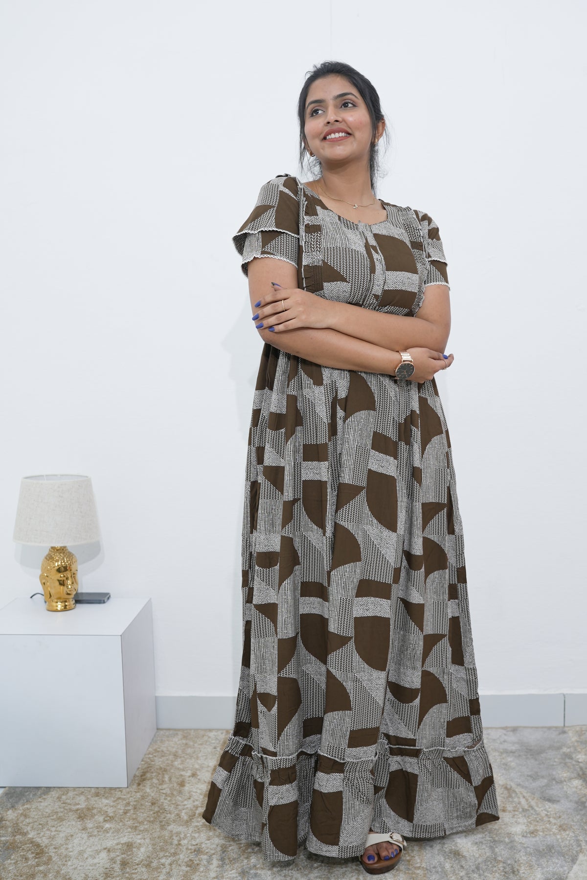 MANGAI Rayon Frock Nighties | Front Open Lengthy Zipper Comforts Feeding | Fancy Double Layered Sleeve's | Post & Pre Pregnancy's and Casual Wear | Side Pocket |Versatile Rayon Frock Night Gown's for Stylish Women's (RPW) (