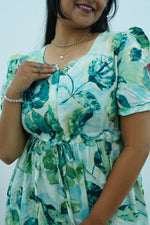 Floral Bliss Sage Green Rayon Foil Print Maxi Dress – Puff Sleeve A-Line Frock with Adjustable Waist Tie & Pockets - Breathable Fabric MAXI Frock