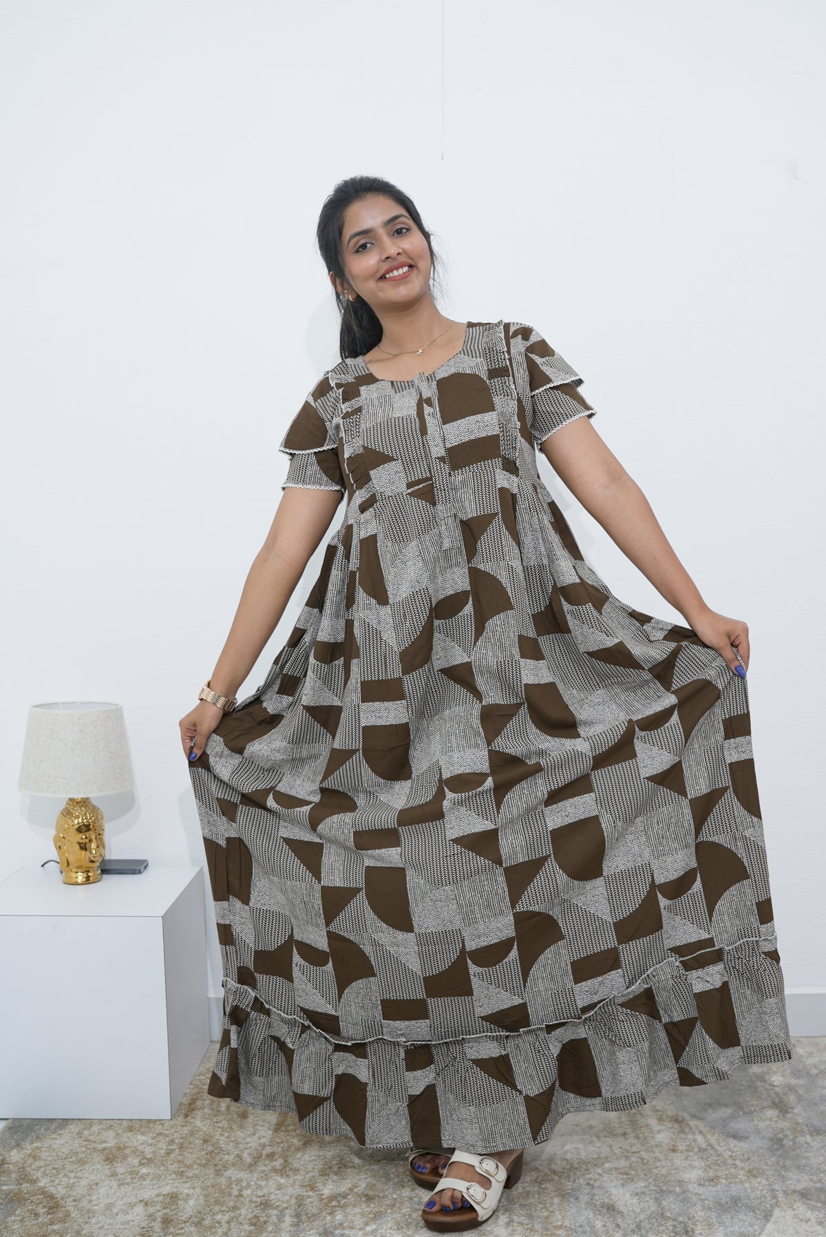 MANGAI Rayon Frock Nighties | Front Open Lengthy Zipper Comforts Feeding | Fancy Double Layered Sleeve's | Post & Pre Pregnancy's and Casual Wear | Side Pocket |Versatile Rayon Frock Night Gown's for Stylish Women's (RPW) (