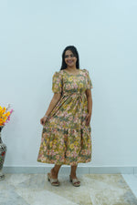 Vintage Earthy Floral Rayon Foil Print Maxi Dress – Puff Sleeve Tiered Frock with Adjustable Waist Tie & Side Pockets