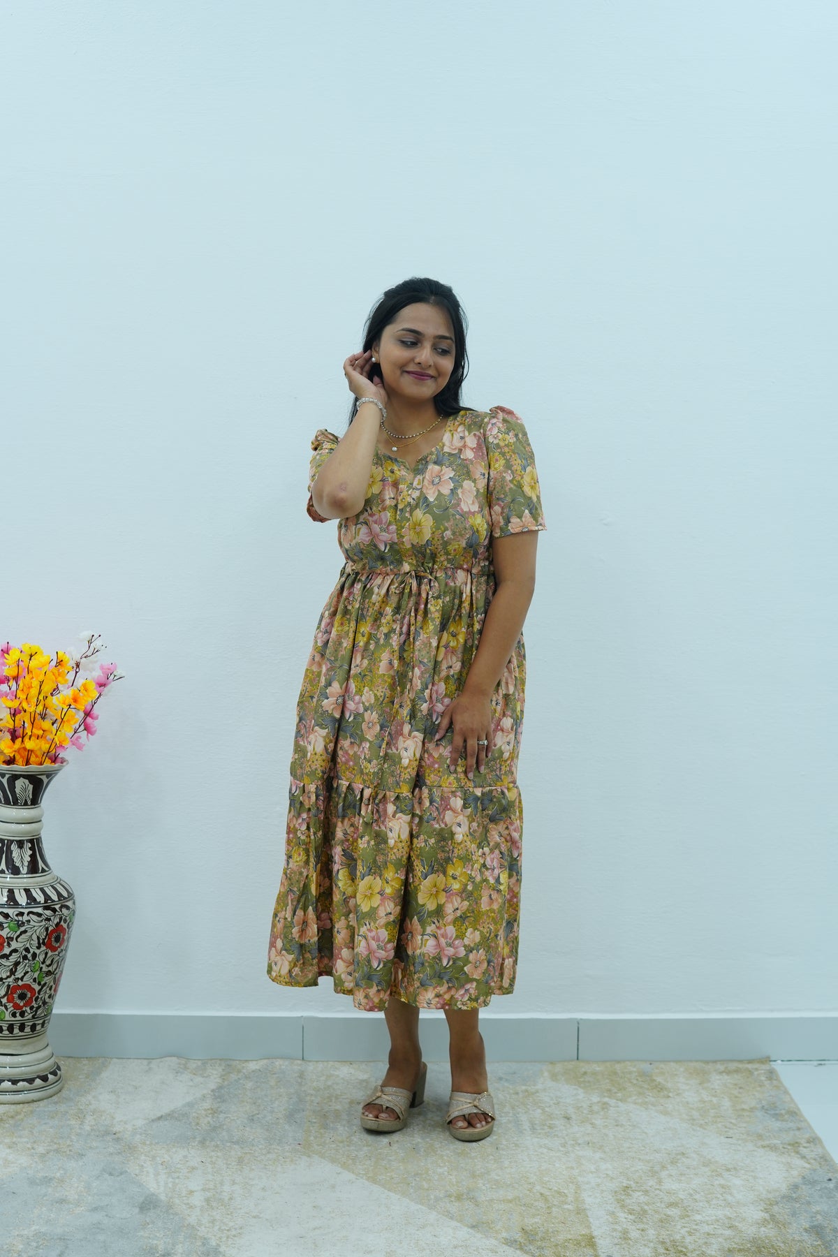 Vintage Earthy Floral Rayon Foil Print Maxi Dress – Puff Sleeve Tiered Frock with Adjustable Waist Tie & Side Pockets