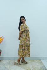 Vintage Earthy Floral Rayon Foil Print Maxi Dress – Puff Sleeve Tiered Frock with Adjustable Waist Tie & Side Pockets