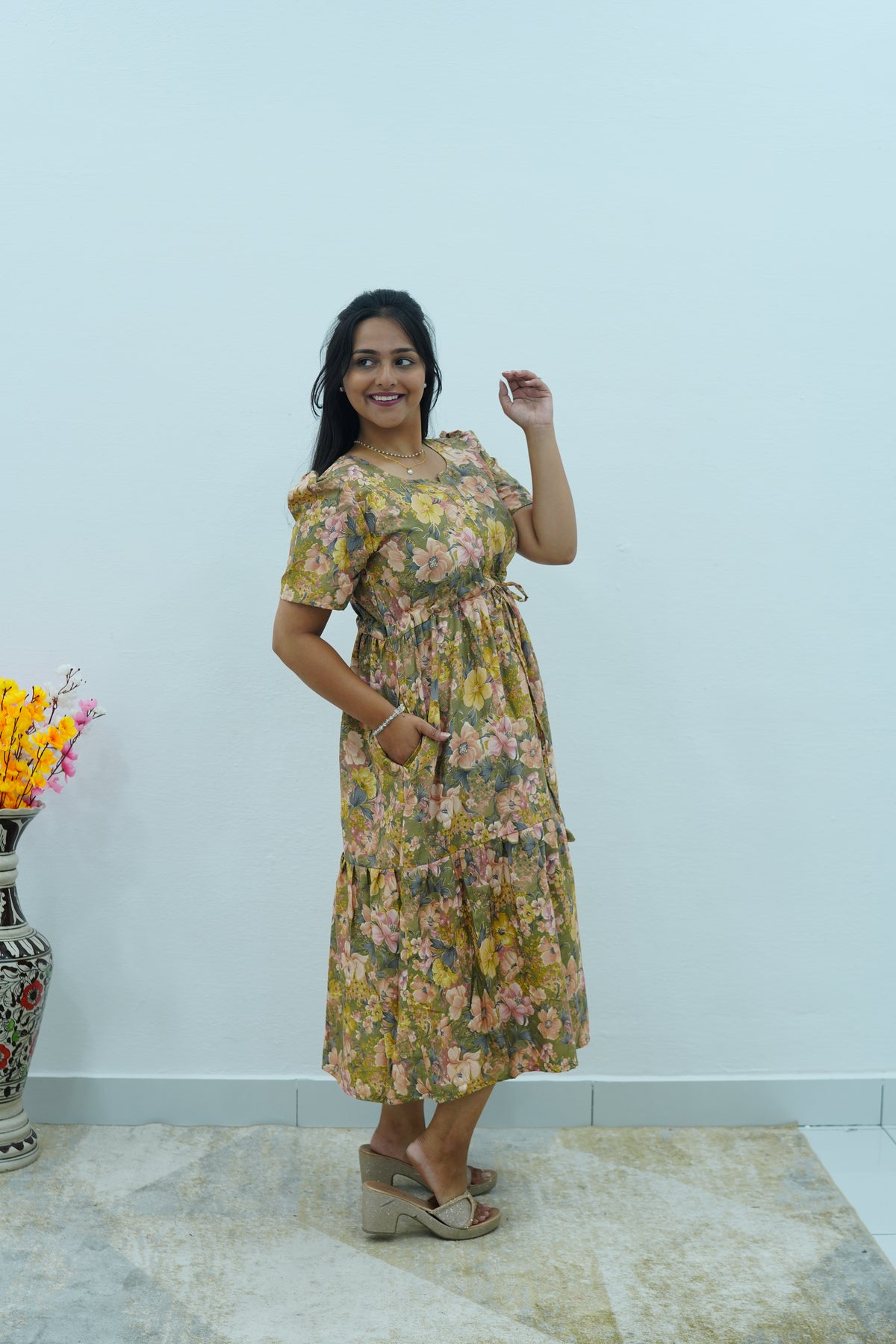 Vintage Earthy Floral Rayon Foil Print Maxi Dress – Puff Sleeve Tiered Frock with Adjustable Waist Tie & Side Pockets