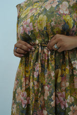 Vintage Earthy Floral Rayon Foil Print Maxi Dress – Puff Sleeve Tiered Frock with Adjustable Waist Tie & Side Pockets