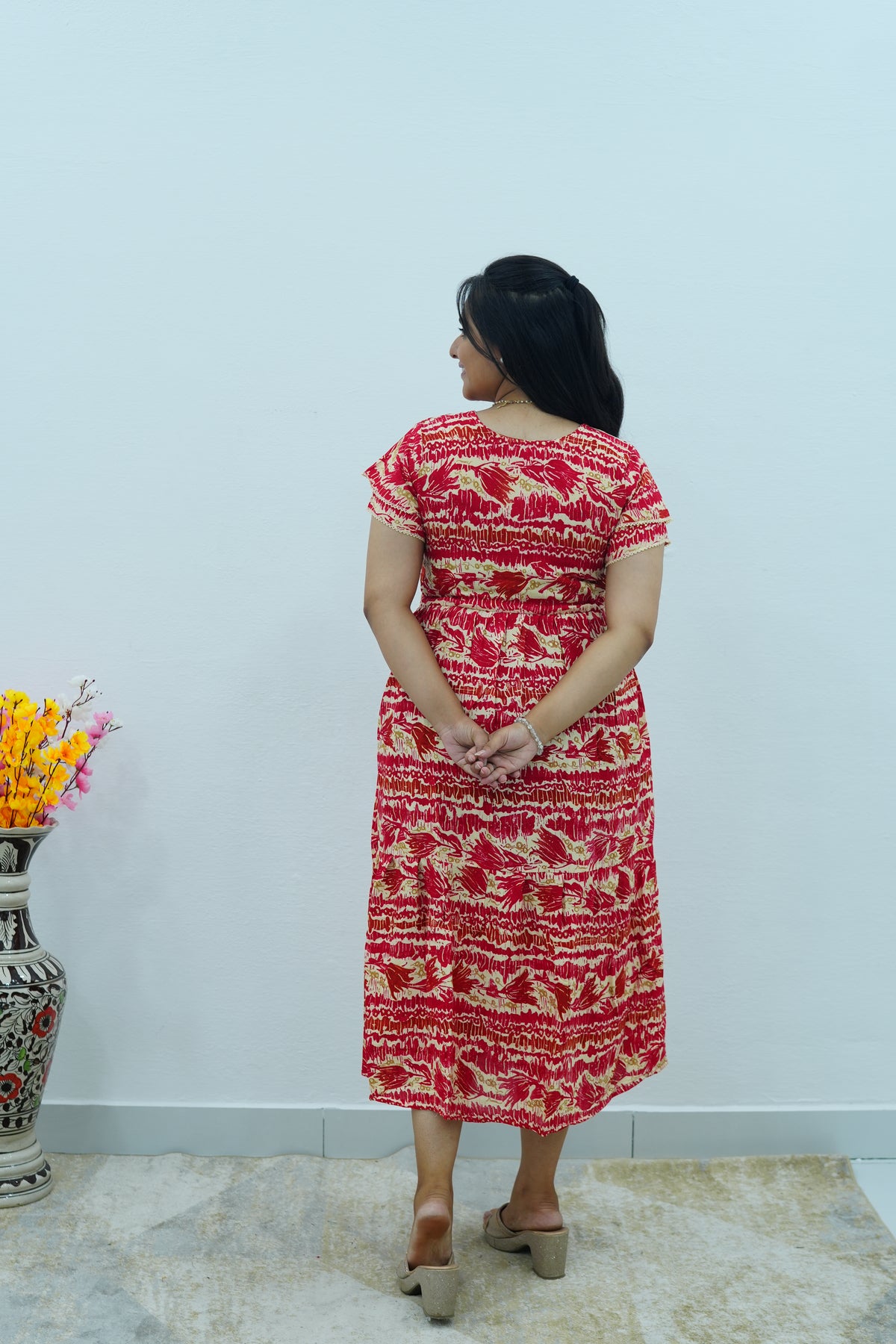 Turquoise Wave Rayon Foil Print Maxi Frock – Double Frill Sleeve Summer Dress with Adjustable Waist & Side Pockets MAXI Frock