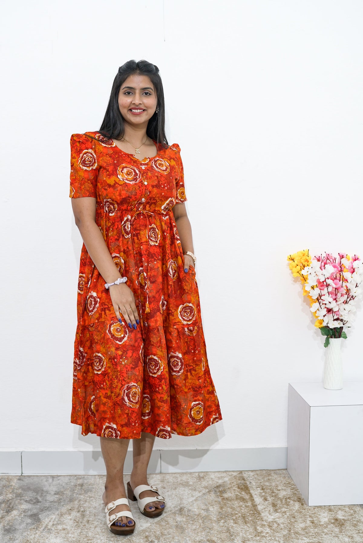 Rayon Colourful Foil Printing Gathering Frock Model Nighties | Side Pocket and Gathering Front Rope | Fancy Sleeve & Maxi Frock Nightwear for Stylish Women's (FGF)