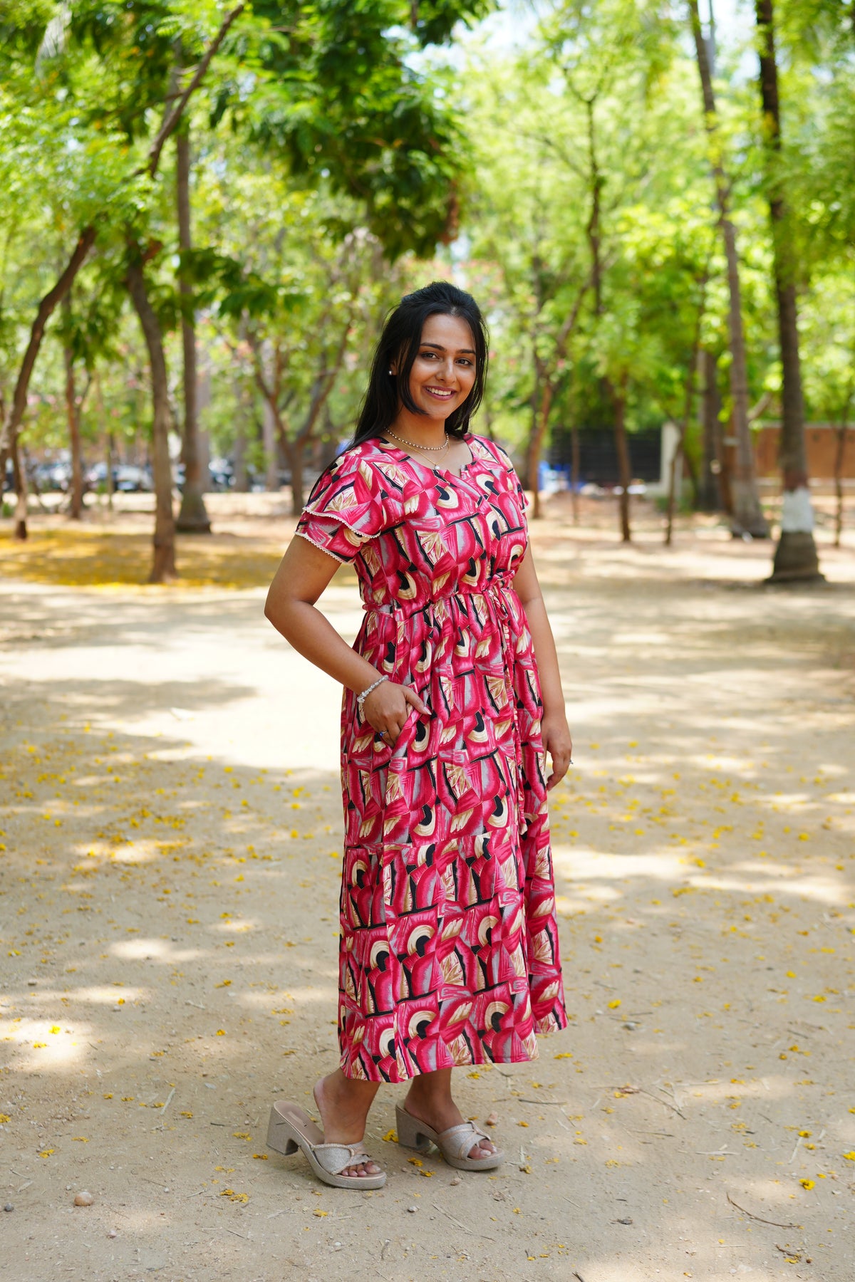 Azure Geometric Rayon Foil Maxi Frock – Double Layer Frill Sleeve Summer Dress with Adjustable Drawstring Waist & Pockets - Lightweight Breathable Fabric Stylish MAXI Frock