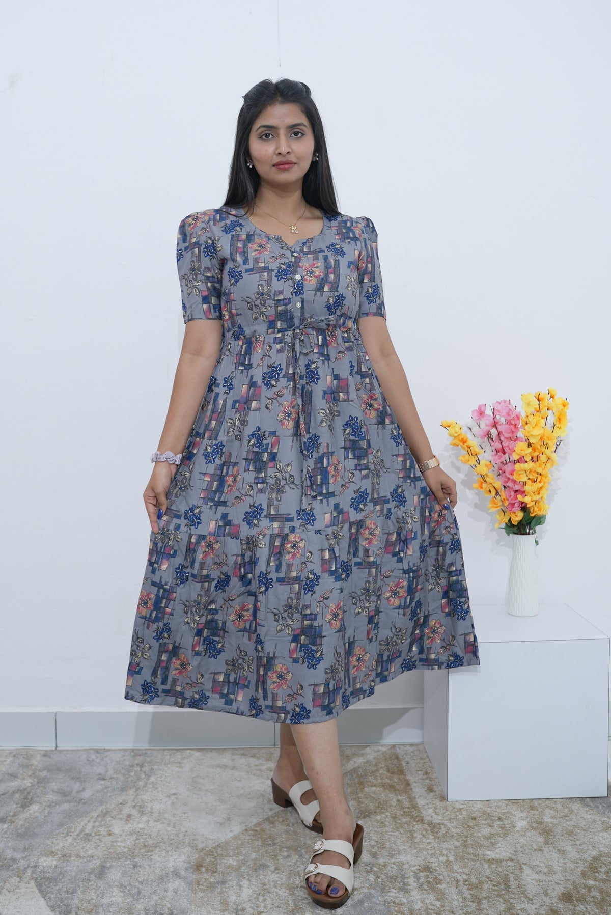 Rayon Colourful Foil Printing Gathering Frock Model Nighties | Side Pocket and Gathering Front Rope | Fancy Sleeve & Maxi Frock Nightwear for Stylish Women's (FGF)