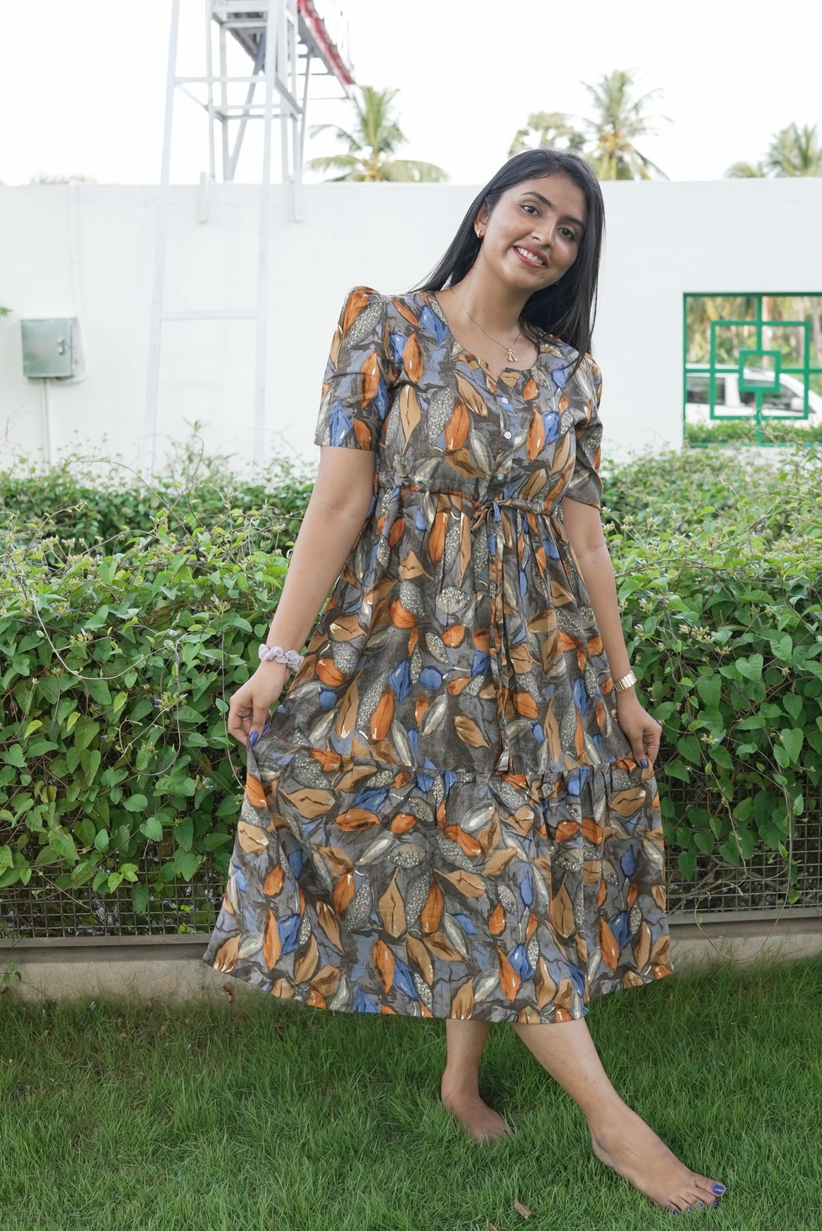 Rayon Colourful Foil Printing Gathering Frock Model Nighties | Side Pocket and Gathering Front Rope | Fancy Sleeve & Maxi Frock Nightwear for Stylish Women's (FGF)