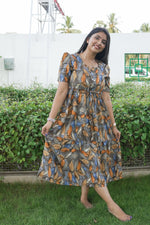 Rayon Colourful Foil Printing Gathering Frock Model Nighties | Side Pocket and Gathering Front Rope | Fancy Sleeve & Maxi Frock Nightwear for Stylish Women's (FGF)