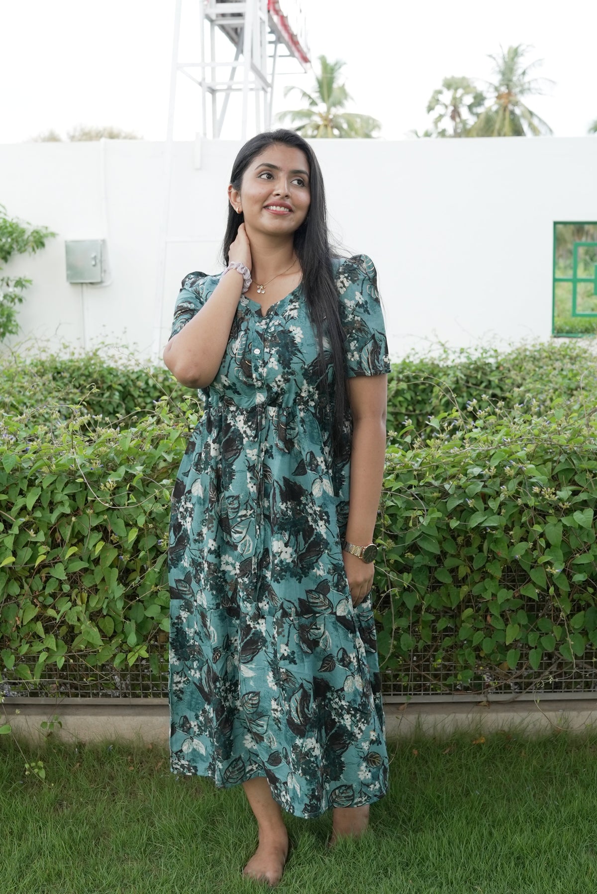 Rayon Colourful Foil Printing Gathering Frock Model Nighties | Side Pocket and Gathering Front Rope | Fancy Sleeve & Maxi Frock Nightwear for Stylish Women's (FGF)