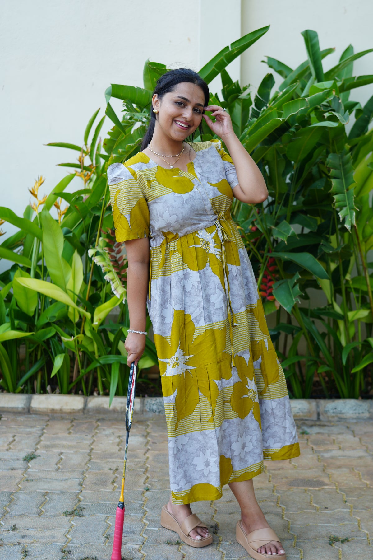 Mustard & Slate Grey Bold Botanical Rayon Foil Maxi Frock – Designer Puff Sleeve Tiered Dress with Adjustable Waist & Pockets