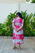 Mustard & Slate Grey Bold Botanical Rayon Foil Maxi Frock – Designer Puff Sleeve Tiered Dress with Adjustable Waist & Pockets