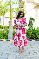 Sky Teal Bold Floral Rayon Foil Maxi Frock – Puff Sleeve Tiered Summer Dress with Adjustable Front Tie & Side Pockets