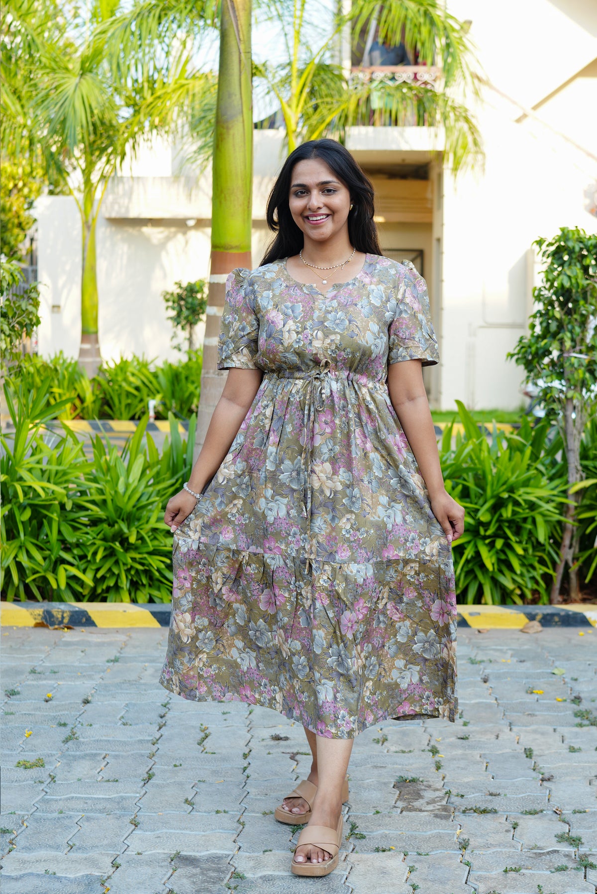 Vintage Earthy Floral Rayon Foil Print Maxi Dress – Puff Sleeve Tiered Frock with Adjustable Waist Tie & Side Pockets