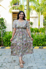 Vintage Earthy Floral Rayon Foil Print Maxi Dress – Puff Sleeve Tiered Frock with Adjustable Waist Tie & Side Pockets