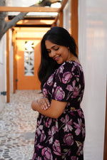 Midnight Plum Floral Rayon Foil Maxi Frock – Elegant Puff Sleeve Tiered Summer Dress with Adjustable Waist Tie & Pockets