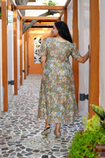 Vintage Earthy Floral Rayon Foil Print Maxi Dress – Puff Sleeve Tiered Frock with Adjustable Waist Tie & Side Pockets