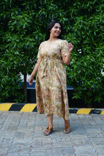 Vintage Earthy Floral Rayon Foil Print Maxi Dress – Puff Sleeve Tiered Frock with Adjustable Waist Tie & Side Pockets