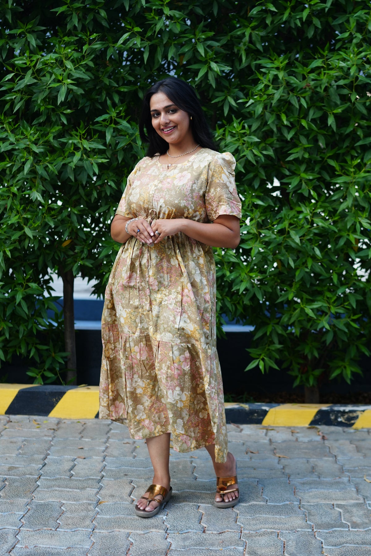 Vintage Earthy Floral Rayon Foil Print Maxi Dress – Puff Sleeve Tiered Frock with Adjustable Waist Tie & Side Pockets