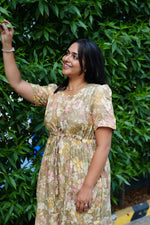 Vintage Earthy Floral Rayon Foil Print Maxi Dress – Puff Sleeve Tiered Frock with Adjustable Waist Tie & Side Pockets