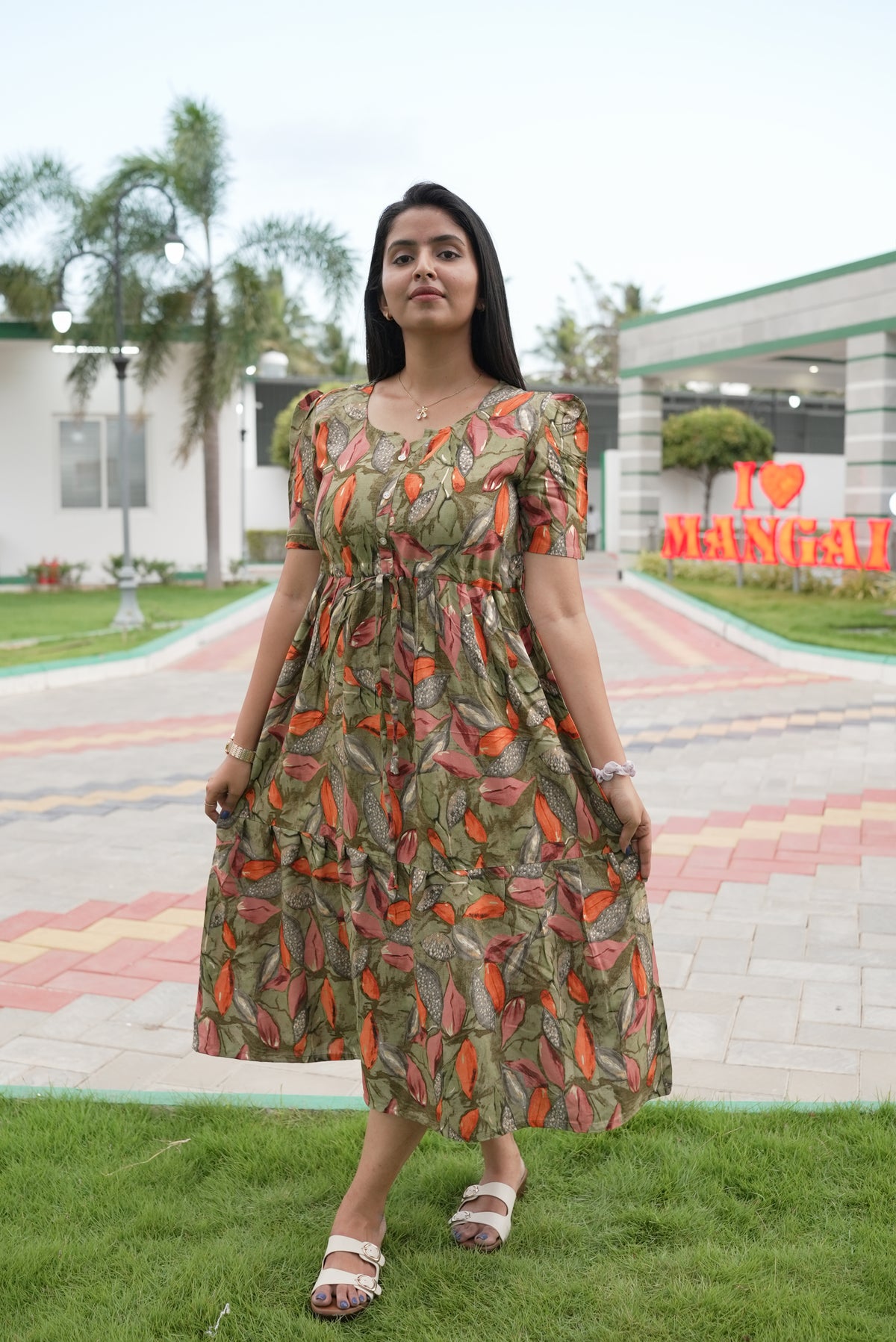 Rayon Colourful Foil Printing Gathering Frock Model Nighties | Side Pocket and Gathering Front Rope | Fancy Sleeve & Maxi Frock Nightwear for Stylish Women's (FGF)