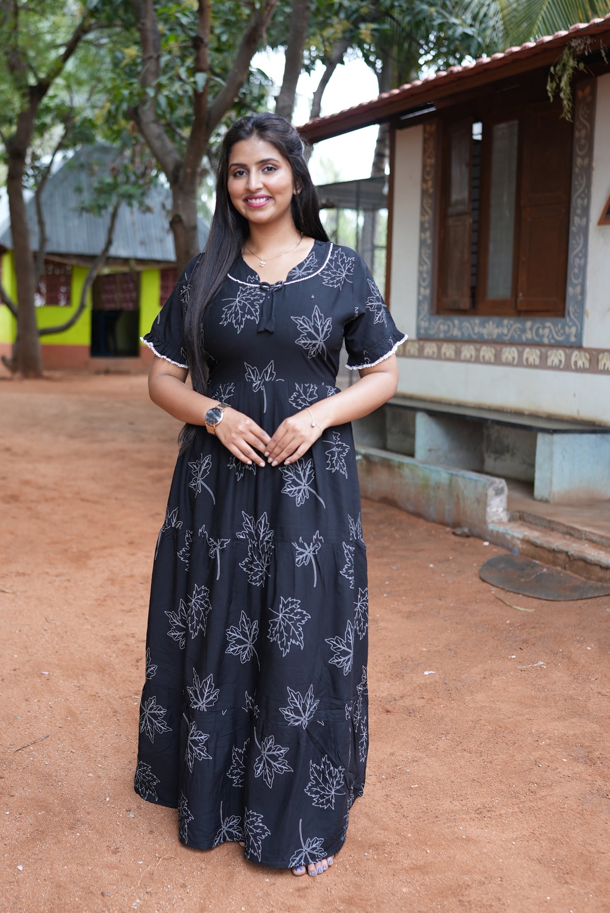 Mangai 3 Layer Flared Frock Model Nighties Soft and Smooth Premium Quality Rayon Material , Fancy Frilled Sleeve, Side Pocket , Back tie Rope , Stylish Collection's for Trendy Women's (MRK)