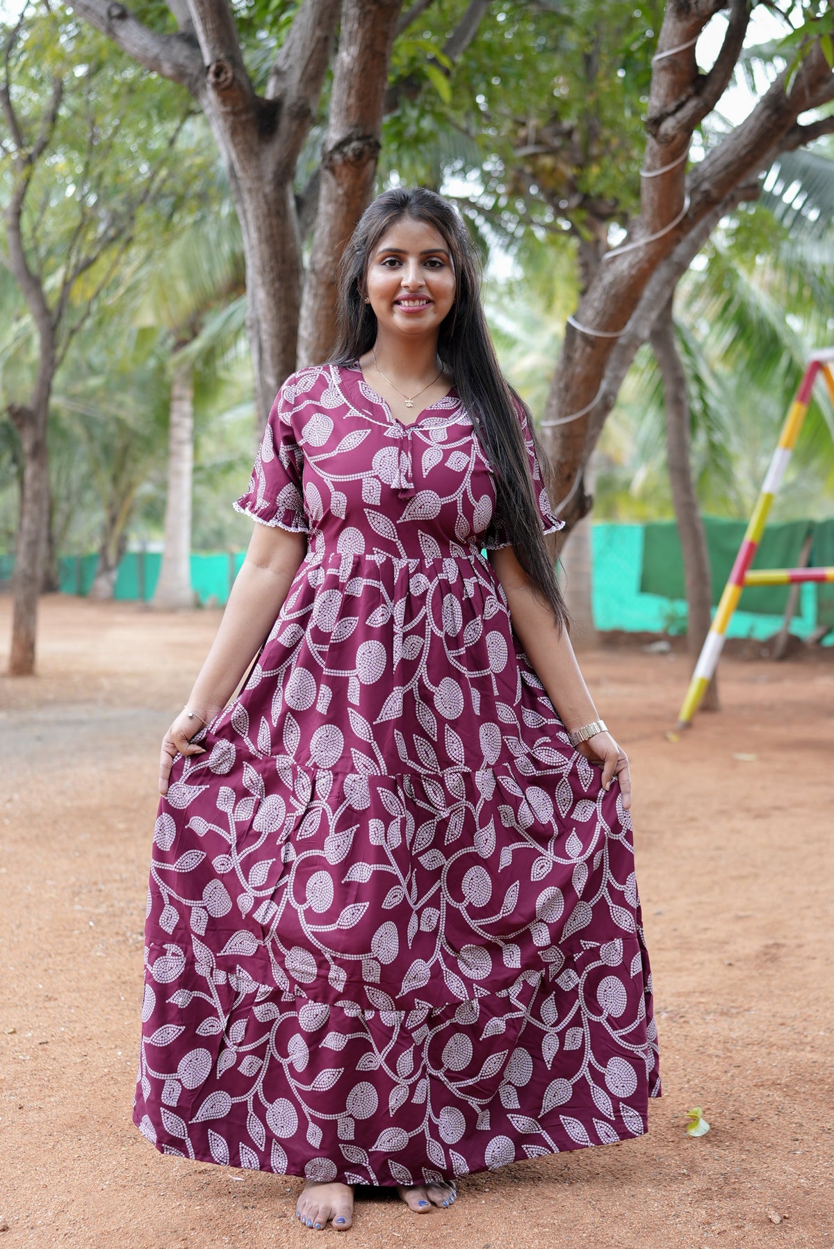 Mangai 3 Layer Flared Frock Model Nighties Soft and Smooth Premium Quality Rayon Material , Fancy Frilled Sleeve, Side Pocket , Back tie Rope , Stylish Collection's for Trendy Women's (MRK)