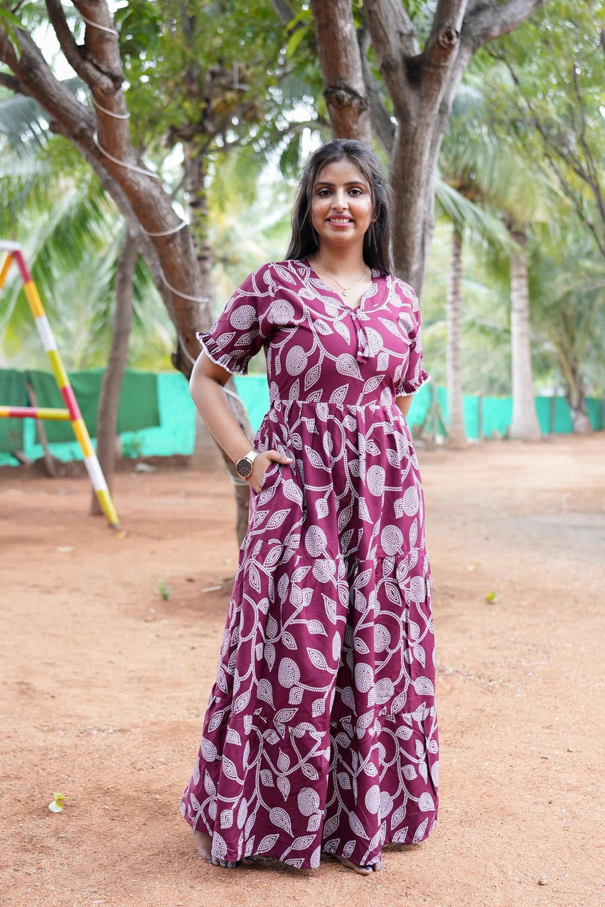 Mangai 3 Layer Flared Frock Model Nighties Soft and Smooth Premium Quality Rayon Material , Fancy Frilled Sleeve, Side Pocket , Back tie Rope , Stylish Collection's for Trendy Women's (MRK)