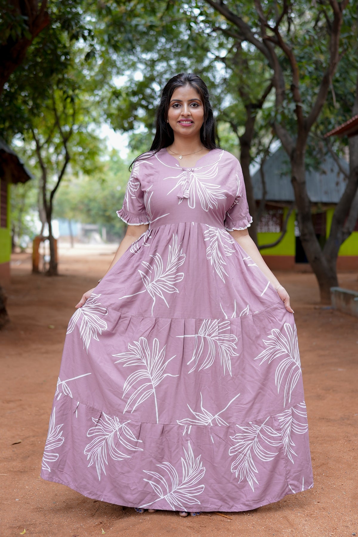 Mangai 3 Layer Flared Frock Model Nighties Soft and Smooth Premium Quality Rayon Material , Fancy Frilled Sleeve, Side Pocket , Back tie Rope , Stylish Collection's for Trendy Women's (MRK)