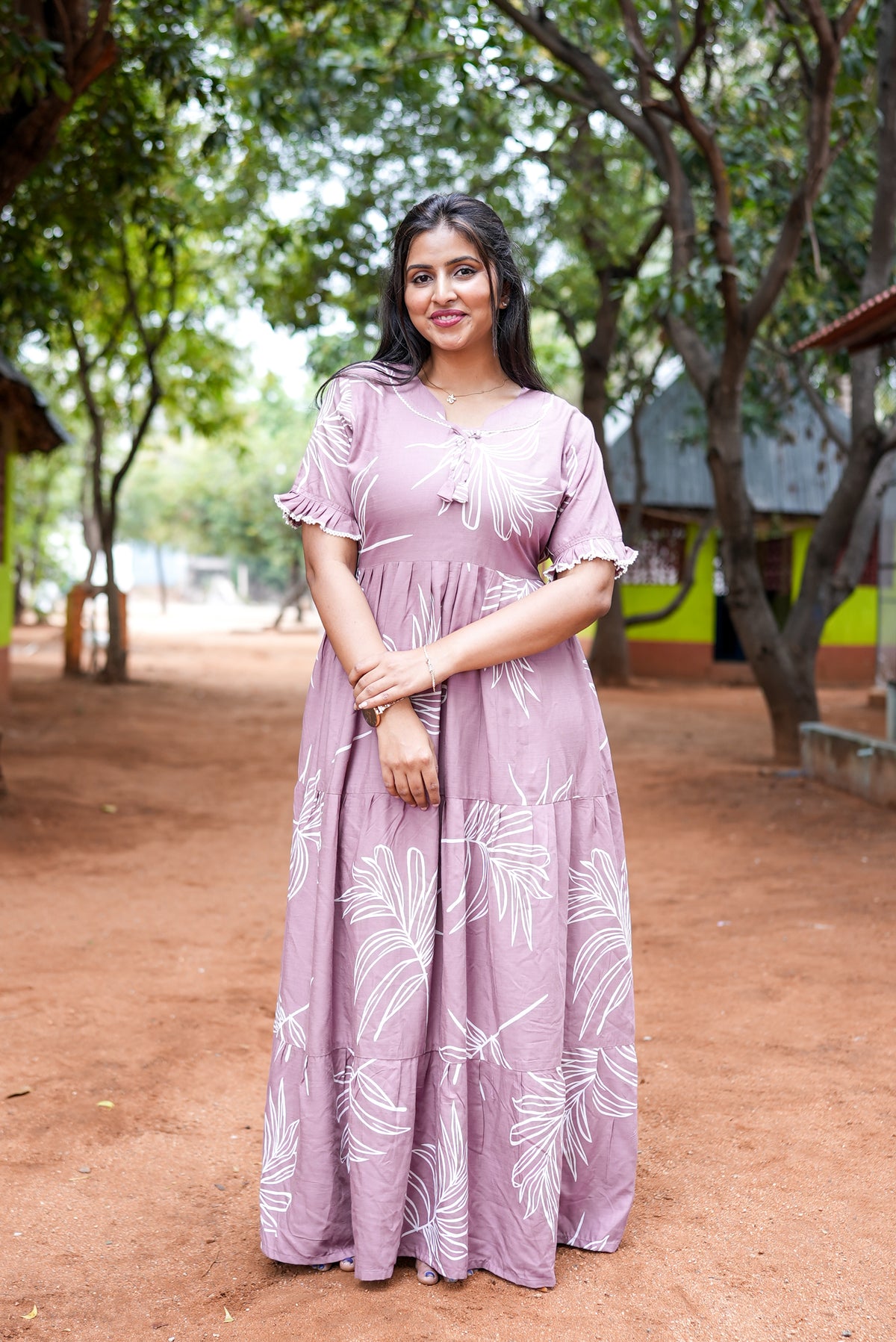 Mangai 3 Layer Flared Frock Model Nighties Soft and Smooth Premium Quality Rayon Material , Fancy Frilled Sleeve, Side Pocket , Back tie Rope , Stylish Collection's for Trendy Women's (MRK)