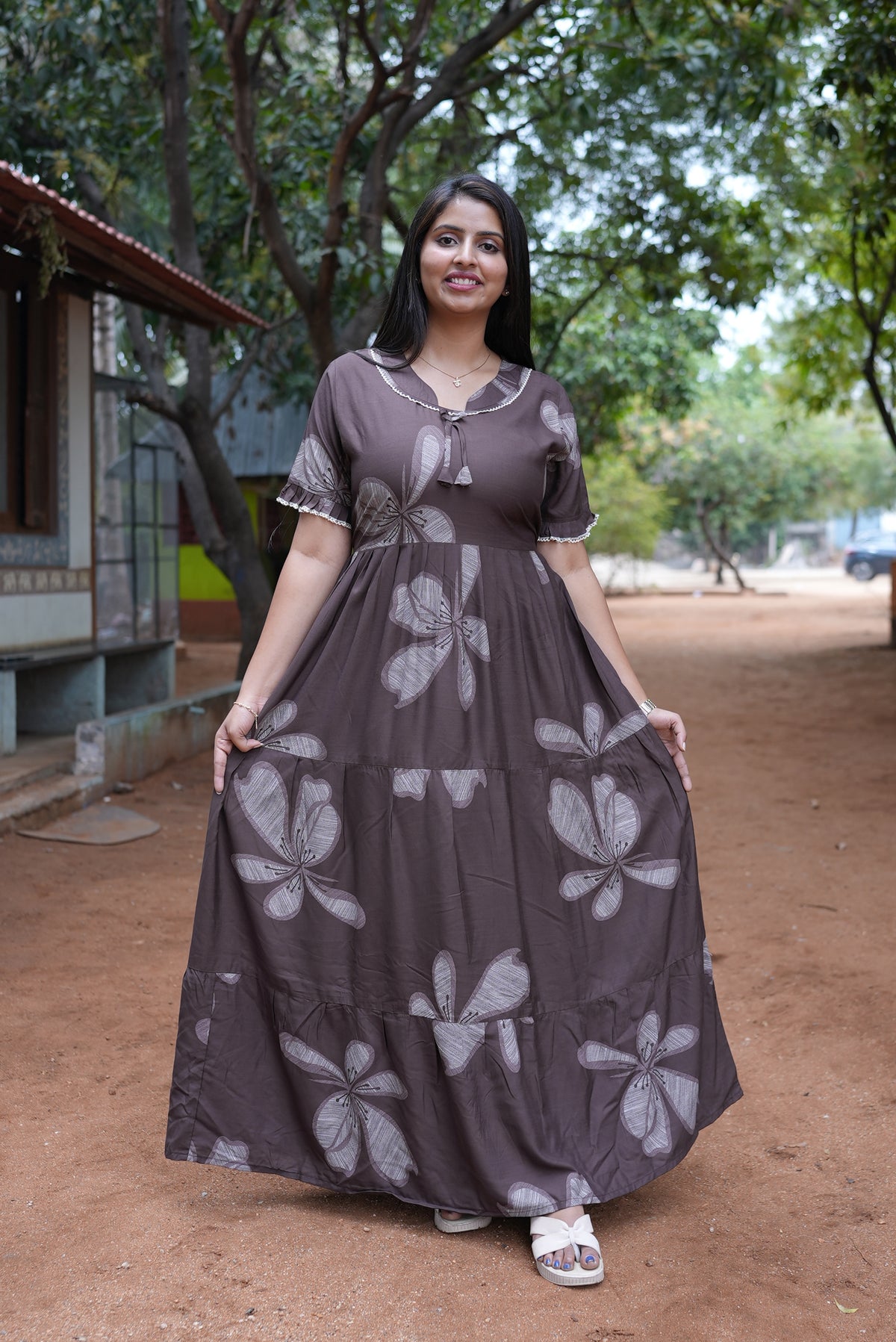 Mangai 3 Layer Flared Frock Model Nighties Soft and Smooth Premium Quality Rayon Material , Fancy Frilled Sleeve, Side Pocket , Back tie Rope , Stylish Collection's for Trendy Women's (MRK)