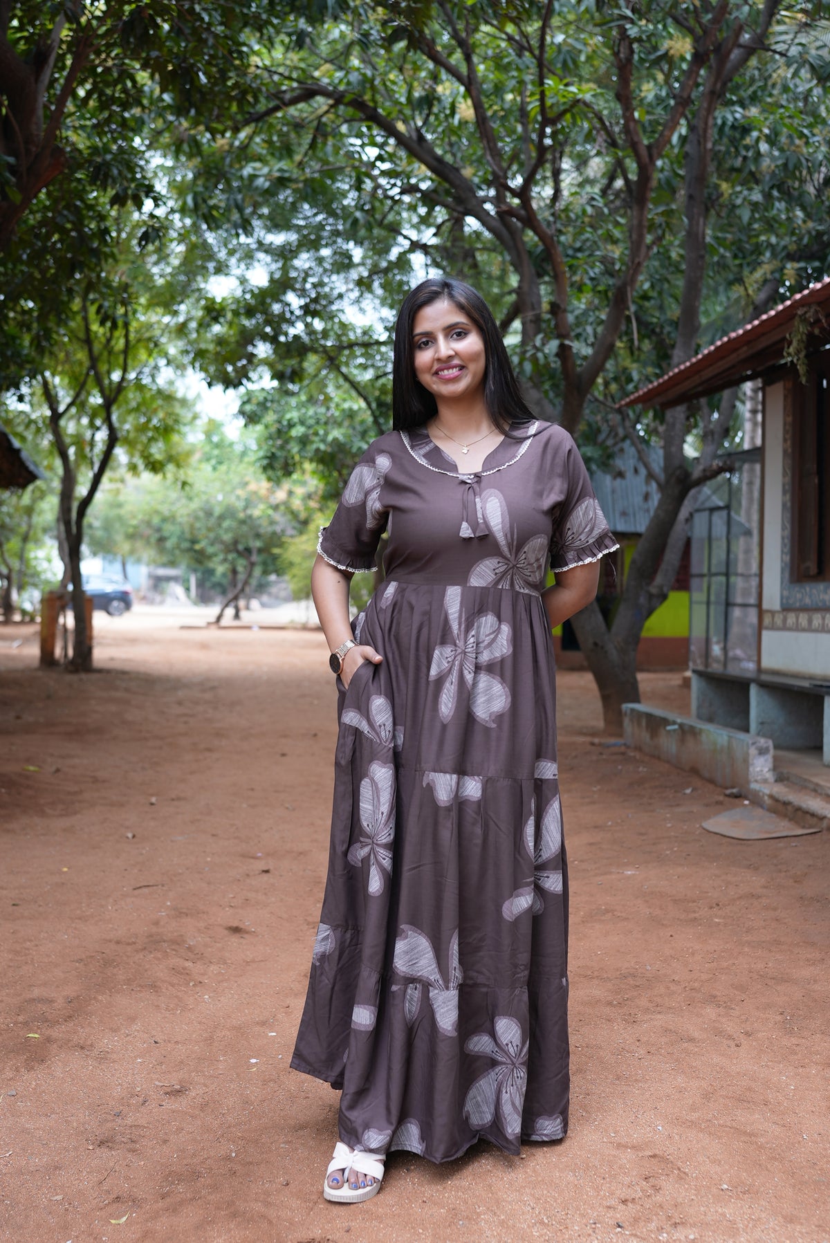 Mangai 3 Layer Flared Frock Model Nighties Soft and Smooth Premium Quality Rayon Material , Fancy Frilled Sleeve, Side Pocket , Back tie Rope , Stylish Collection's for Trendy Women's (MRK)